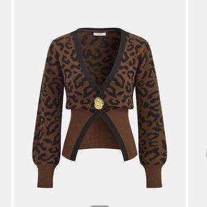 Commense Leopard Print Brown Sweater with Metal Button XS
